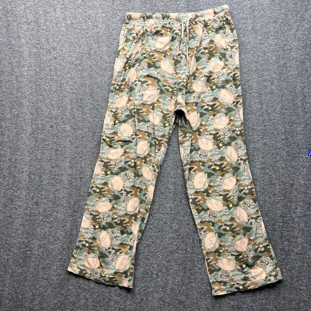 Family Guy Pajama‎ Pants Mens Large Green Camo Stewie Griffin Military Lounge